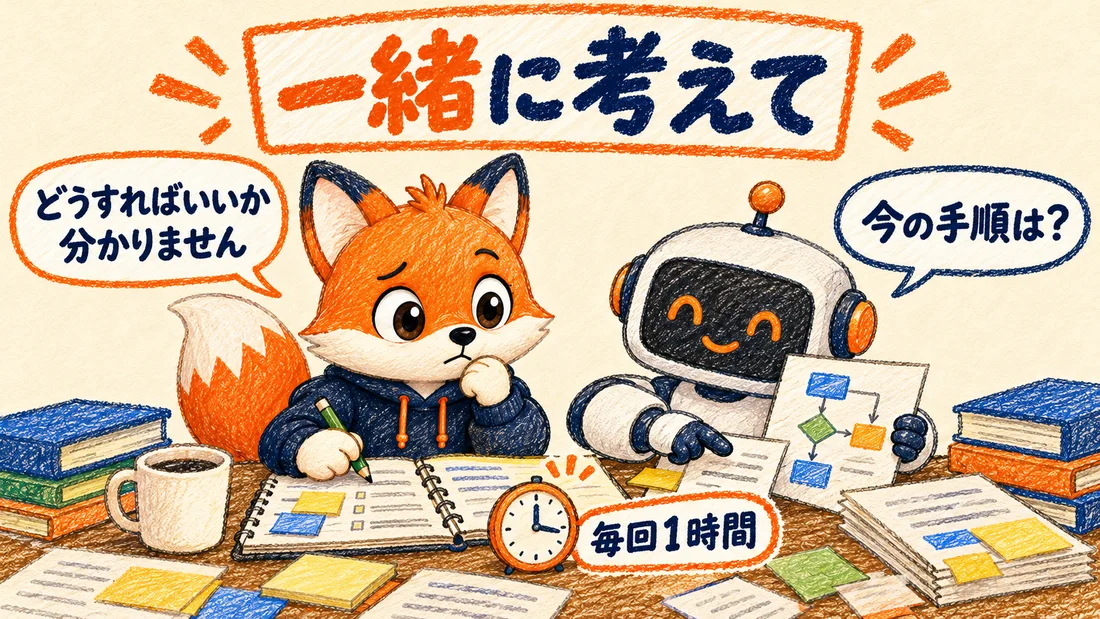 どうすればいいか分かりませんと相談し、AIが今の手順を聞いてくる対話の図