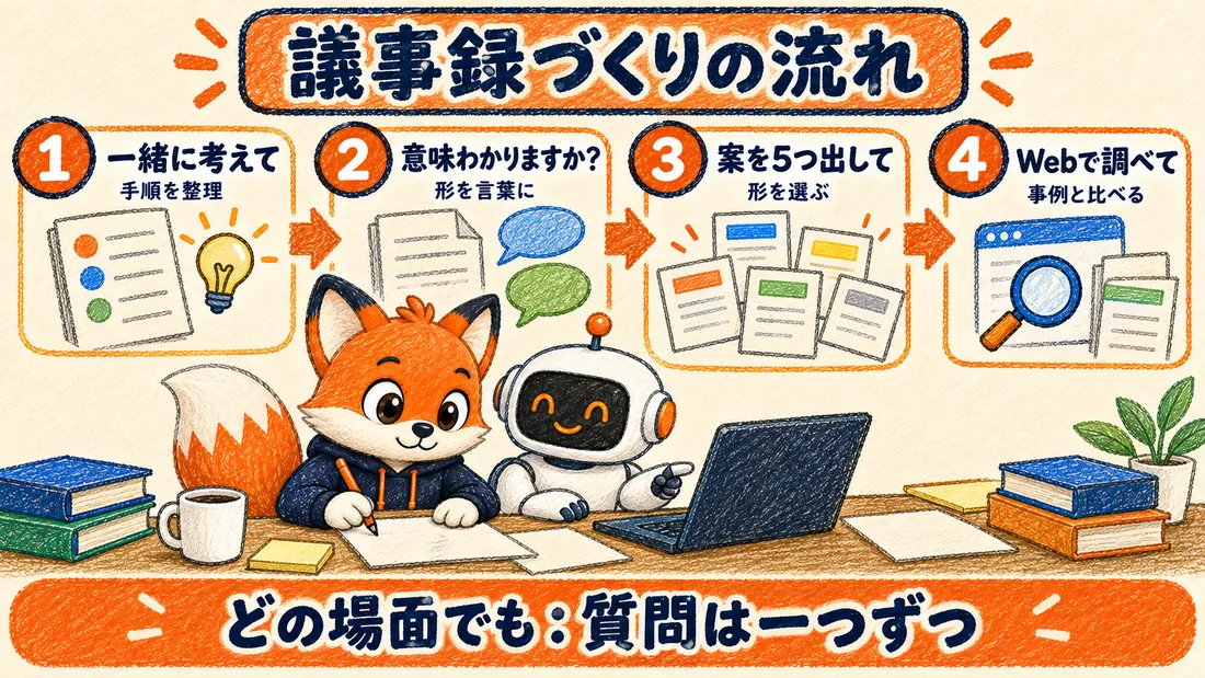 議事録づくりで、一緒に考えて(質問は一つずつを添えて)・意味わかりますか?・案を5つ出して・Webで調べての順に進める手順図