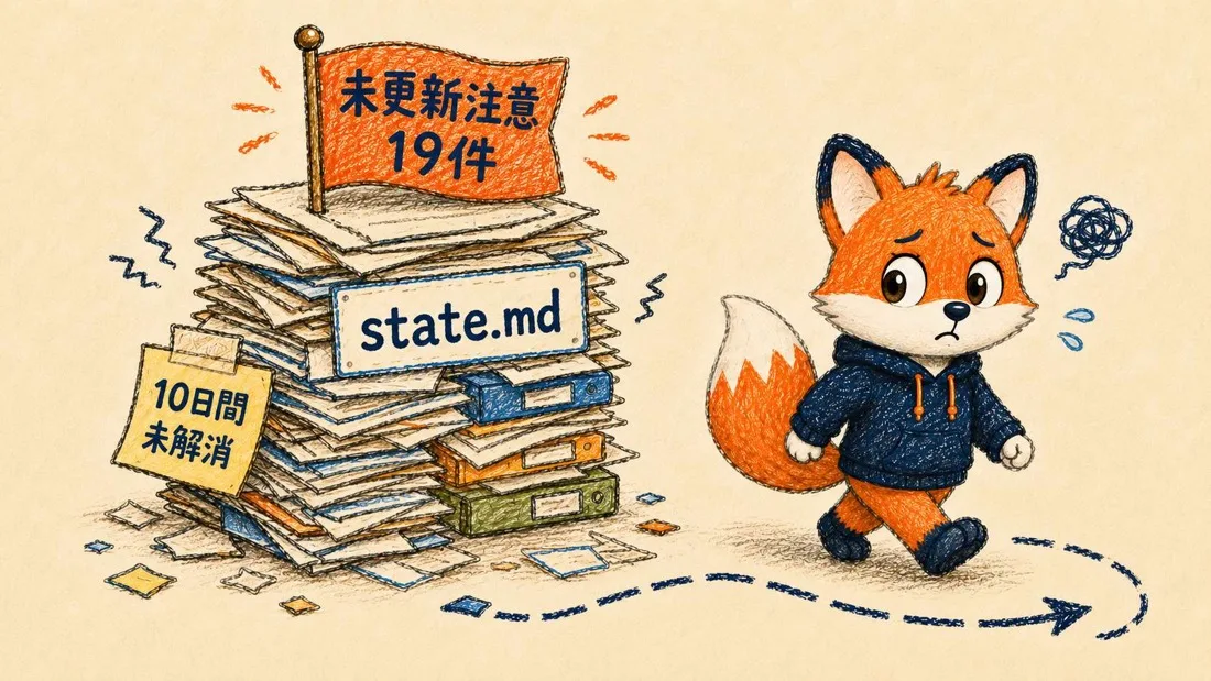 未更新注意のまま積み上がったstate.mdの山を子ギツネが避けて通る図解