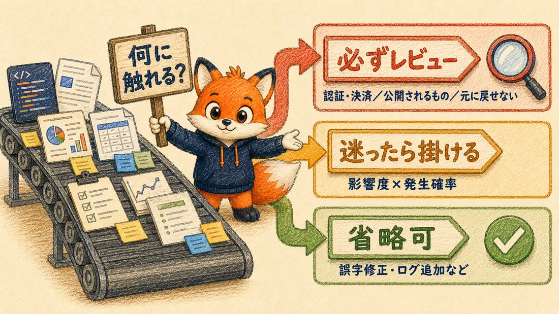 成果物を「何に触れるか」で必ずレビュー・迷ったら掛ける・省略可の3レーンに振り分ける判定フローの図解