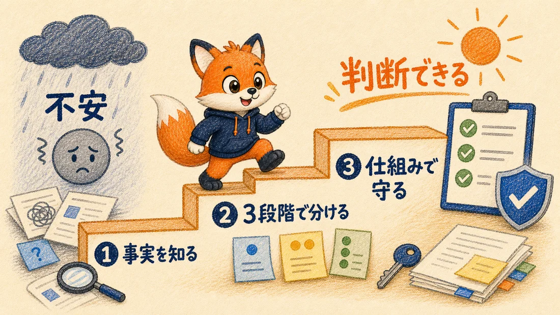 事実を知る・3段階で分ける・仕組みで守るの3ステップで不安から判断できるへ進む図解