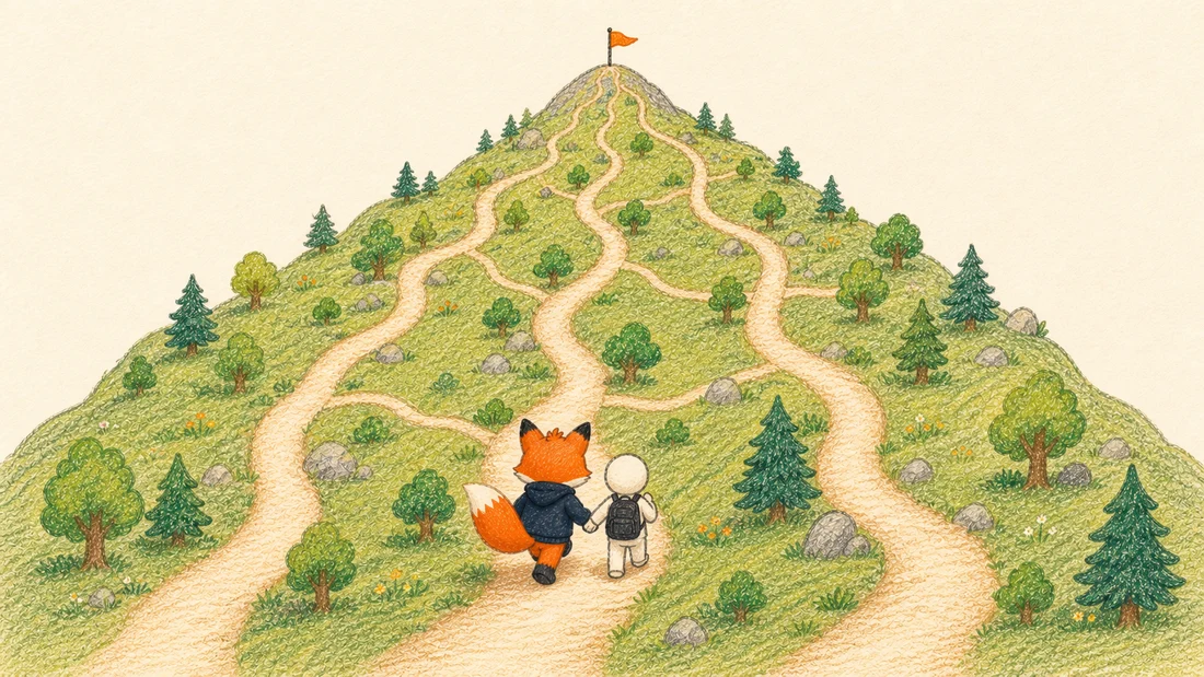 山頂へ向かう6本の登山道を、連絡路でつながりながら一緒に登る図解