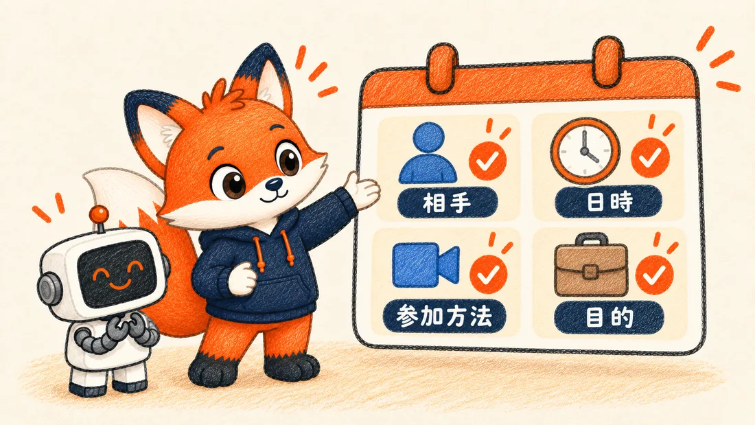 相手、日時、会議方法、目的がまとまったカレンダー予定のイメージ