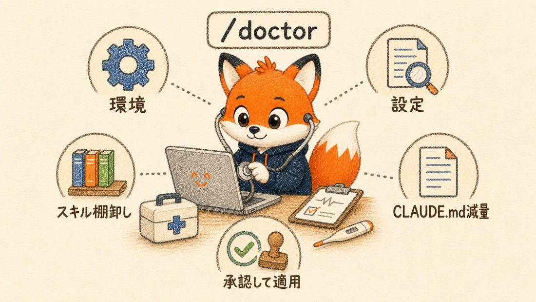/doctorが診断できる5項目（環境・設定・スキル棚卸し・CLAUDE.md減量・承認して適用）のマップ図解