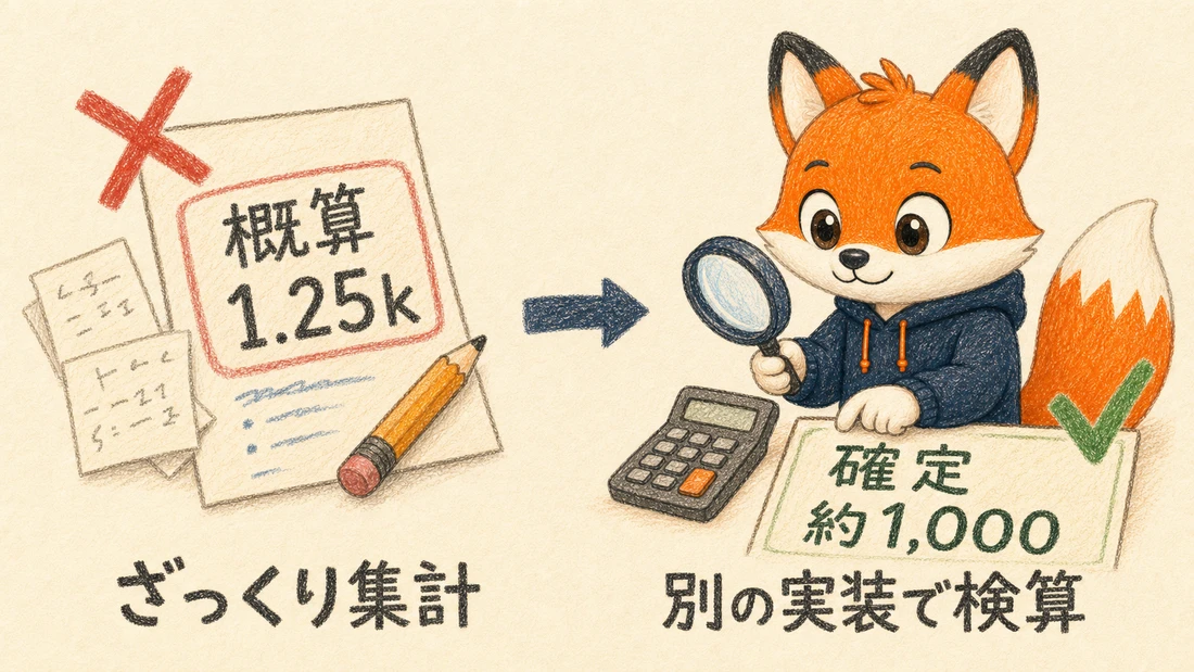 ざっくり集計の概算1.25kを別の実装で検算し、約1,000に確定させた対比図