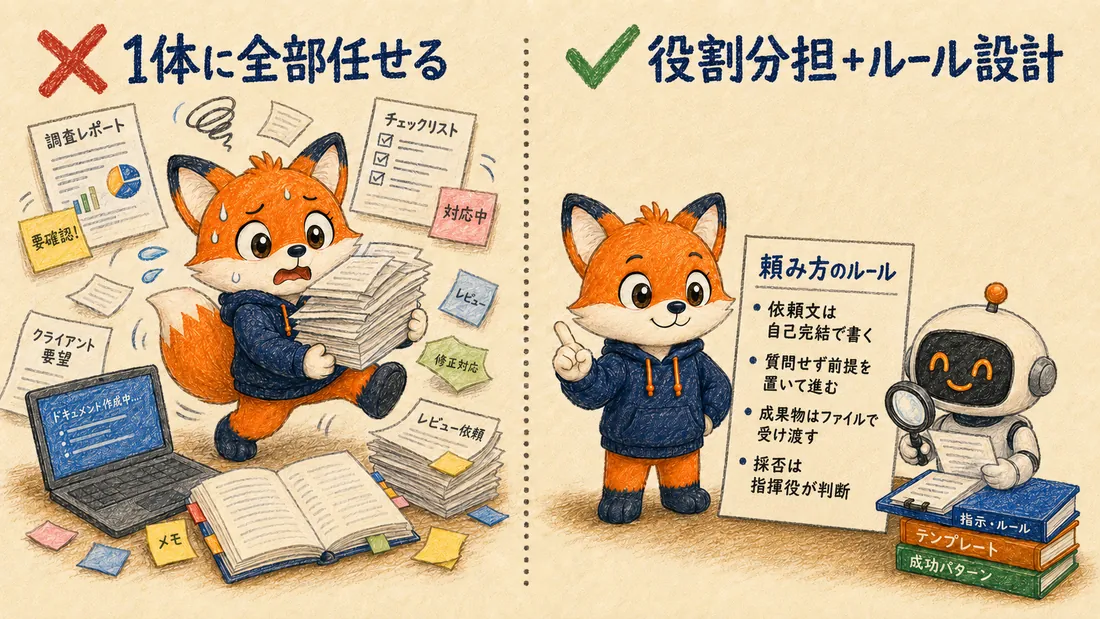 万能な1体のAIと役割分担する2体のAIを対比した図解