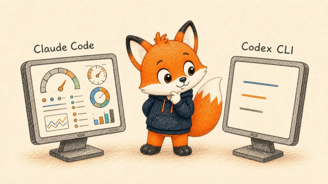 賑やかなゲージ表示のClaude Code画面と、隣のシンプルなCodex CLI画面を見比べる子ギツネ