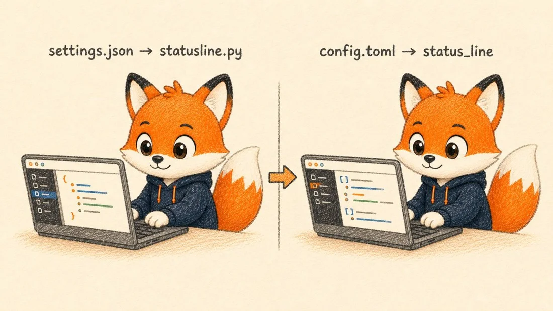 settings.json→statusline.pyとconfig.toml→status_lineの設定を対比するイラスト