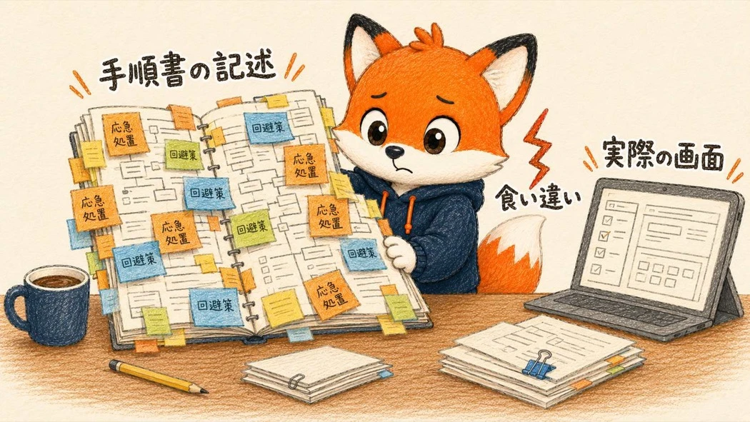 手順書の記述と実際の画面が食い違い、応急処置の付箋だらけになっている様子