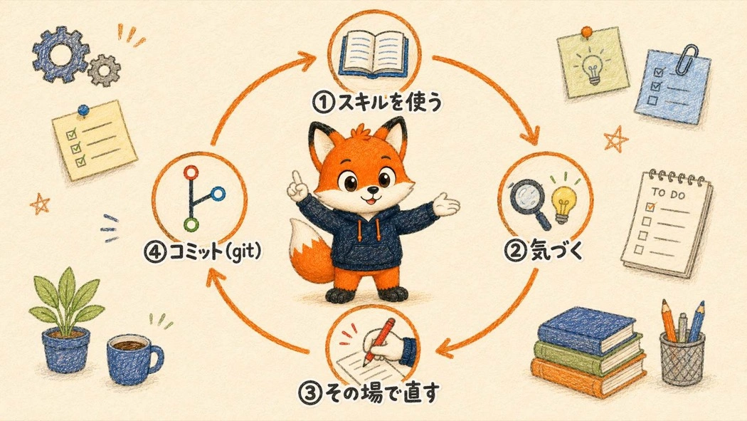 スキルを使う→気づく→その場で直す→コミット(git)の4ステップ改善ループ図