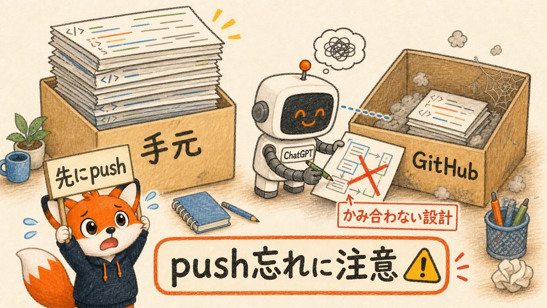 手元の変更を反映し忘れたため、AIがGitHub上の古いコードを見てかみ合わない設計をしてしまう図解