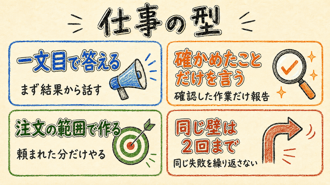 仕事の型: 一文目で答える・確かめたことだけを言う・注文の範囲で作る・同じ壁は2回まで