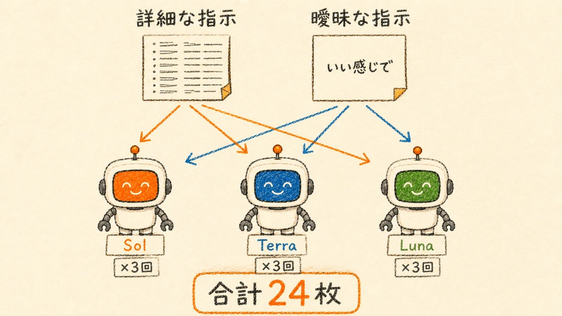 詳細な指示と曖昧な指示を3モデルにそれぞれ3回ずつ生成させる実験マトリクス図